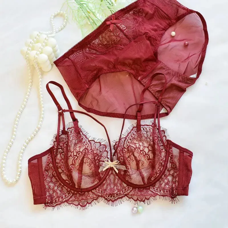 Korean Hot Trend Pure Desire Lace Bra Set Underwire Thin Cup Push Up Large Bust Visually Small Anti Droop Lingerie 32-38 Hot — image 14