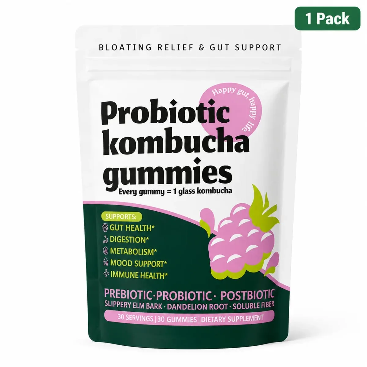 Probiotic Kombucha Gummies Berry 30 Ct Prebiotic Postbiotic Gut Health Digestion Bloating Relief Immune Vegan Non-GMO Supplement — image 9