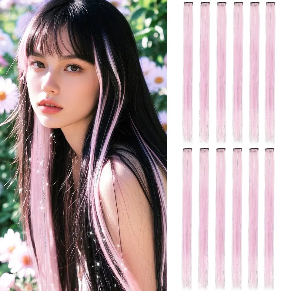 Synthetic Clip in Hair Extensions 12pcs/pack Clip in Colorful Hair Mixed Tinsels Glitter Hairpices for Women Girls Daily Party — image 15