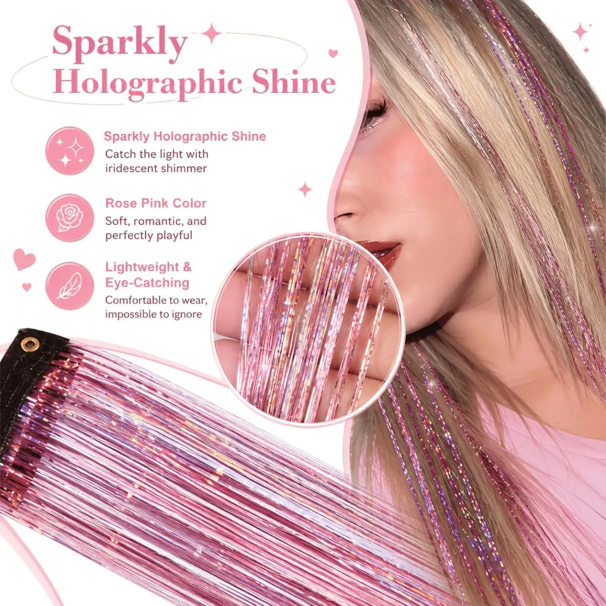 4pcs Clip-In Hair Tinsel Extensions Sparkly Holographic Glitter Hair Strands with Snap Clips Reusable Easy-To-Wear Hair — image 6