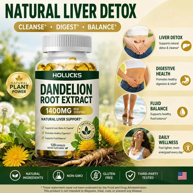 Natural Dandelion Root Extract 1400mg Capsules Support Liver Detox Cleanse Aid Digestive Fluid Balance & Light Daily Vitality