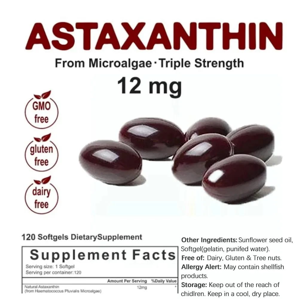 Triple Strength Astaxanthin 12mg - Natural Astaxanthin Antioxidant Supplement Non-GMO Verified & Gluten Free - 120 Softgels