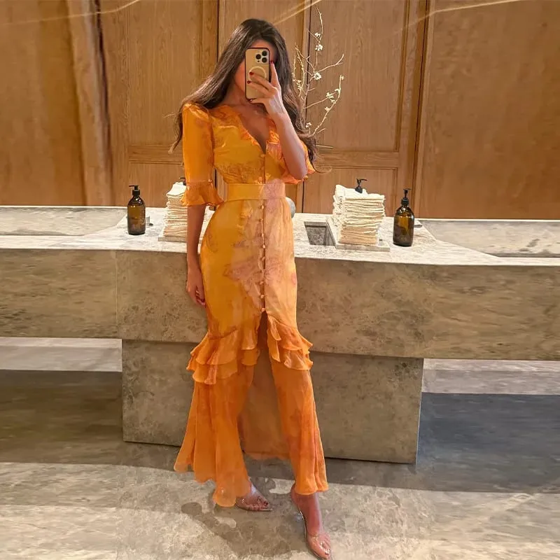 V-neck Organza Floral Chiffon Puff Sleeve Slit Long Dress Bodycon High Slit Bodycon Sexy Dresses Lady Chic Daily Sweet Date Robe — image 11