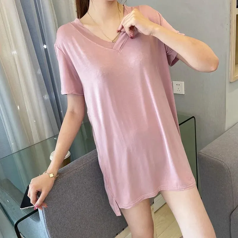 Loose Modal Short Sleeve V-Neck Midi Dress Thin Home Clothes Sleepwear Women's Base Skirt Comfortable plus Size Casual Style — image 11