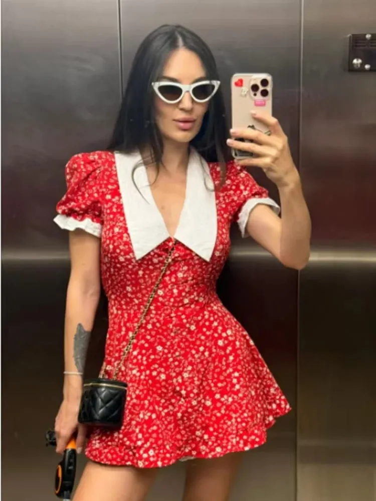 Red Floral Print Peter Pan Collar Dress Women Puff Sleeve V Neck Button Down A-line Mini Dress 2026 Lady Weekend Getaway Robes — image 1