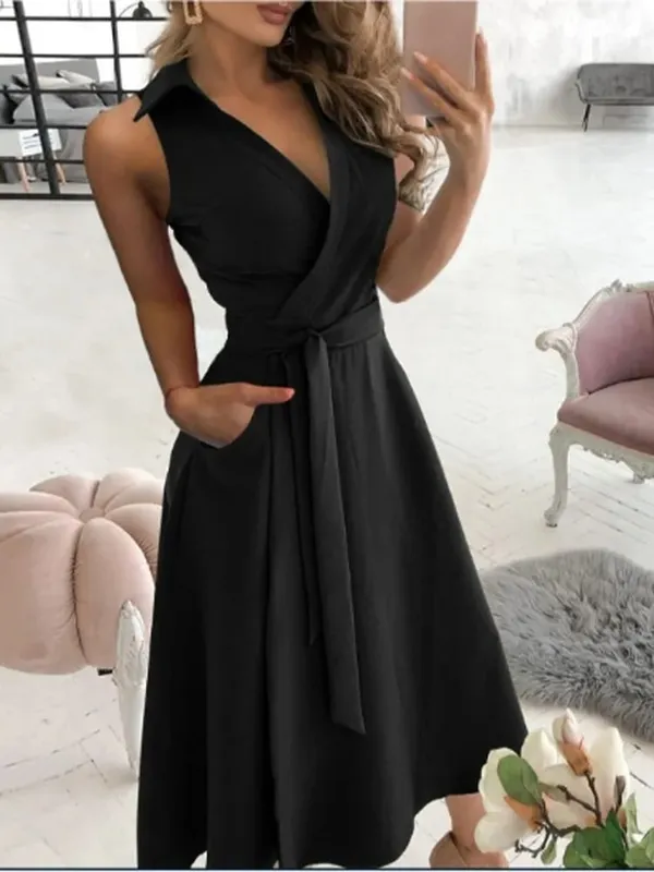 Vestido de mujer con cuello en V y cordones, manga corta, Color sólido, bolsillo, elegante, moda de oficina, estilo de desplazamiento, vestido de verano