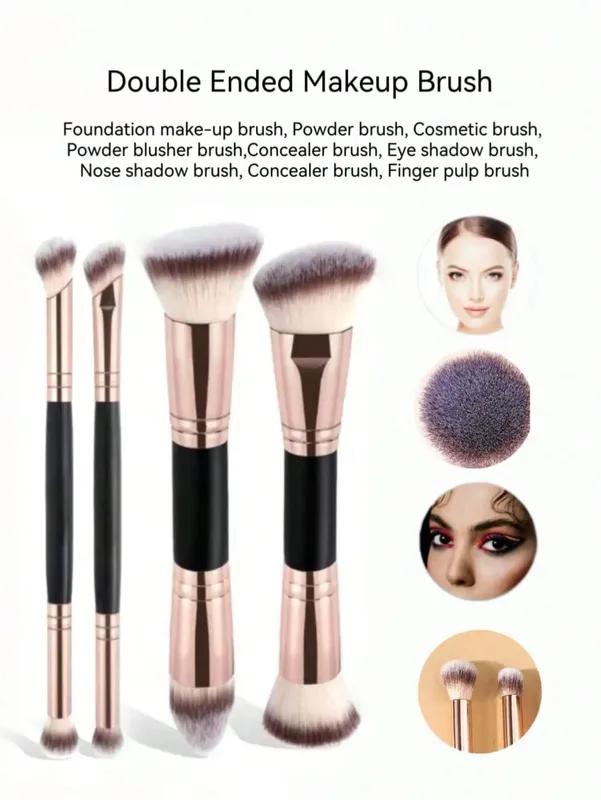 4-piece dual-ended multifunctional makeup brushes for the face portable dual-ended foundation brush contour brush loose powder brush blush brush eyeshadow brush nose shadow brush angled brush