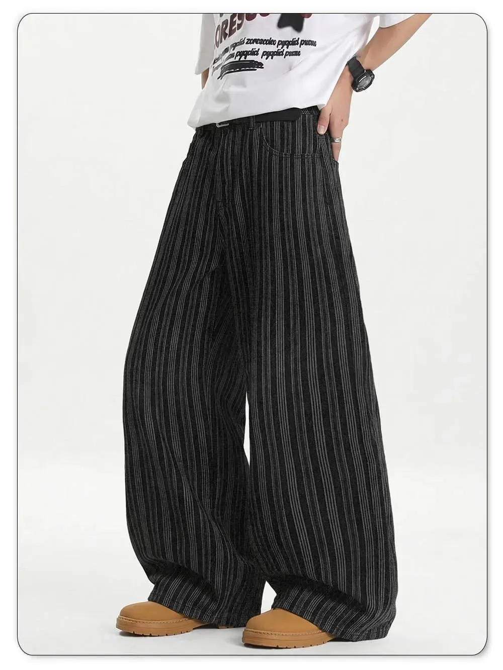 Men's Retro Vertical Stripe Jacquard Baggy Wide Leg Jeans Washed Denim Trousers Y2K Skater Hip Hop Streetwear Daily Casual — image 9