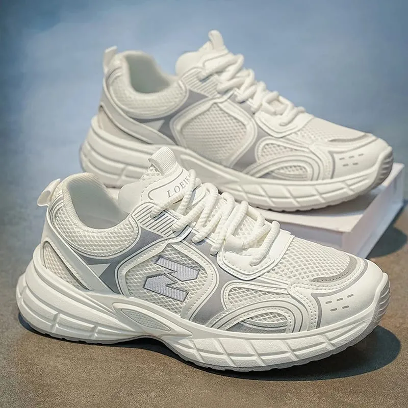 Men Breathable Mesh Dad Shoes Lightweight Casual Sneakers White Gray Daily Street Walking Footwear — image 3