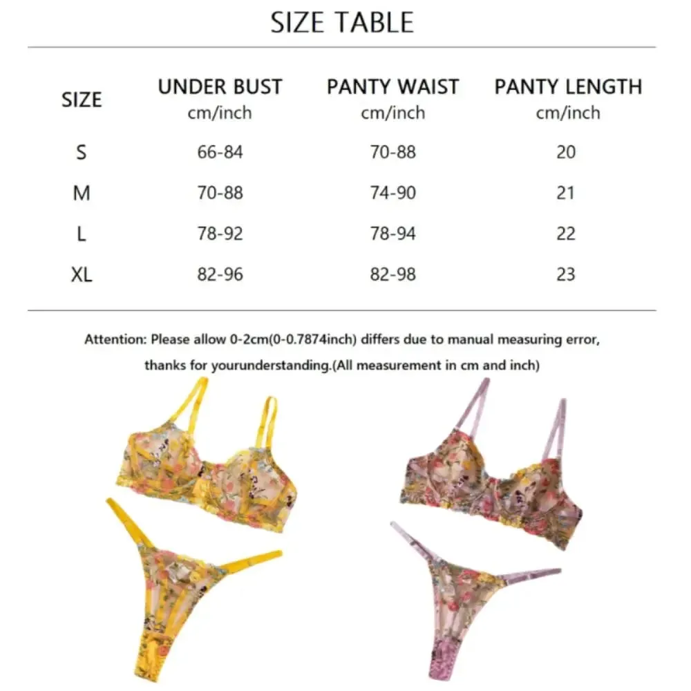 2-Piece Fashion Floral Lingerie Set Embroidery Versatile Underwear Intimates Underwire Push-up Sheer Bra Panty Set For Lady Girl