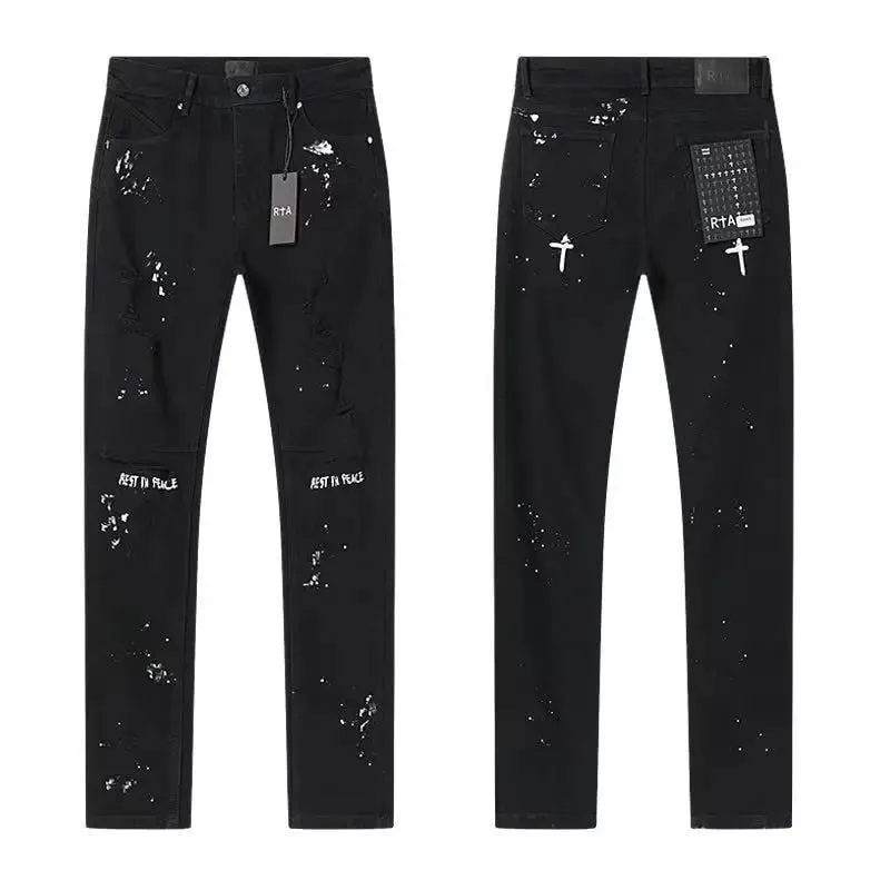 2026 RTA Men's Slim Fit Jeans Collection Distressed Ripped Paint Splatter Studded Patch Vintage Washed Streetwear Fashion Pants — image 8