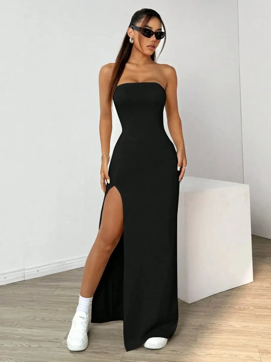 Women Strapless Tube Top Midi Bodycon Dress High Side Slit Solid Black Sleeveless Slim Fit Evening Party Long Dress