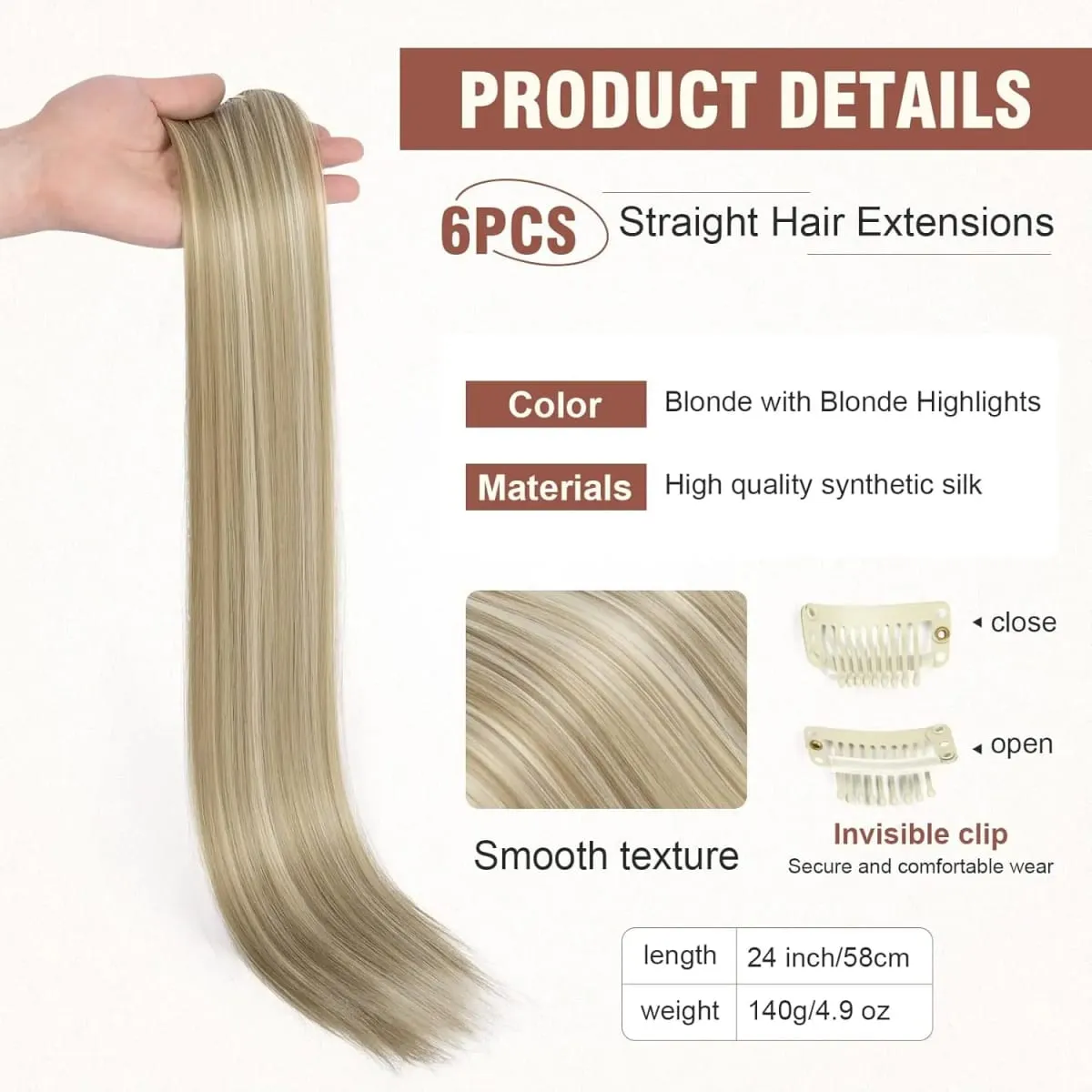 6Pieces/Set Clips in Hair Extensions 24 Inch Synthetic Long Straight Extensions for Women Hairpiece — image 6