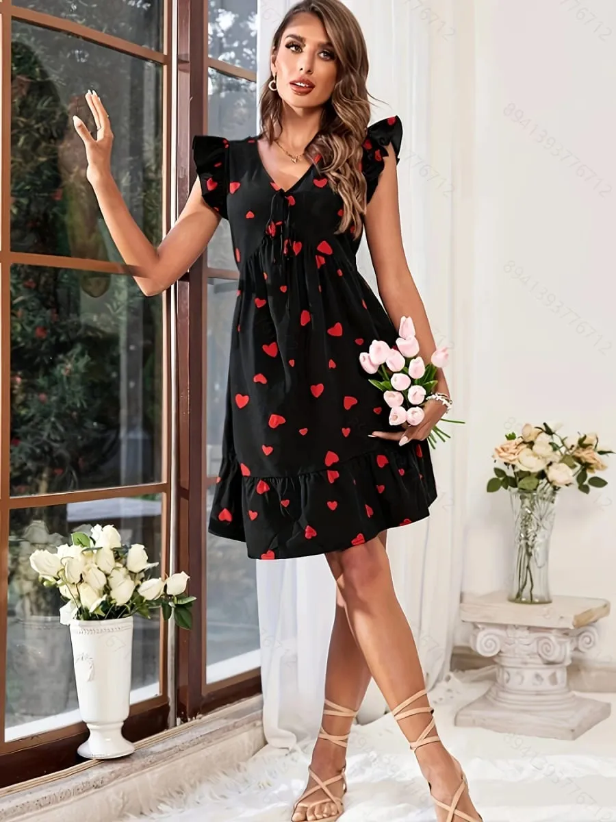 Fashionable Elegance Sweet Heart Print V-Neck Cap-Sleeve Women's Dress Vibrant Casual Chic Style Ladies Gown — image 5