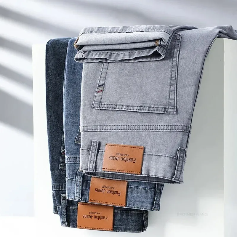 Zomermerk Heren Fit Rechte lichtgewicht katoenen stretchjeans Business Casual Hoge taille Dunne lichtgrijze jeans herenbroek
