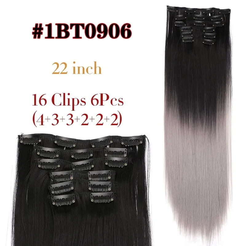 22 Inches Synthetic Long Straight Hairstyle 16 Clips 6Pcs/Set Hair Extensions Blonde Black Hairpieces Heat Resistant For Women