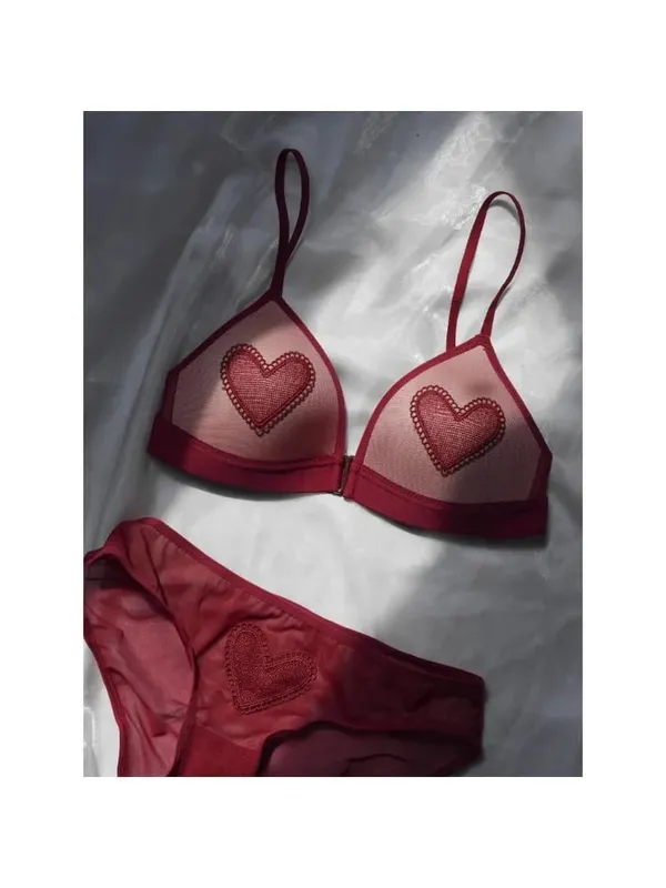Red Lingerie Set Wireless Front Hook Bra French Triangle Thin Cup Embroidery Bra Set For Festival Soft Comfortable Daily Use — image 10