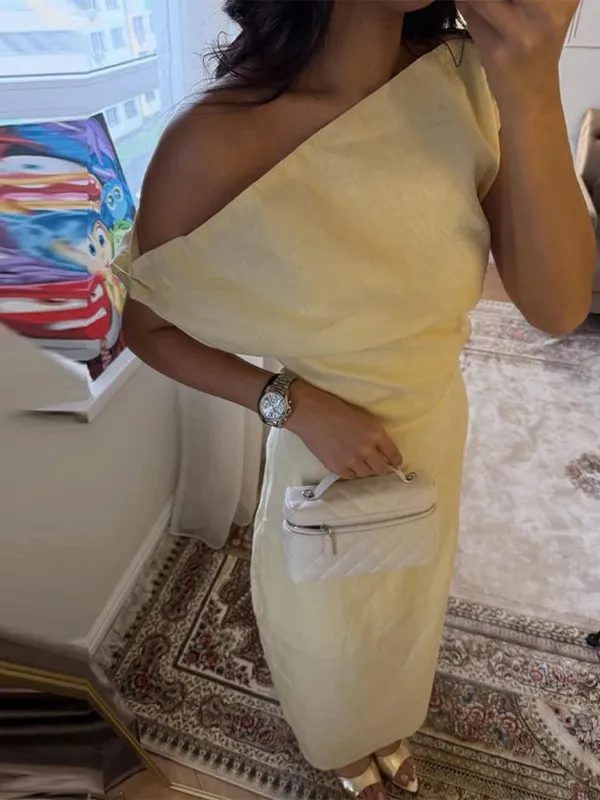 Pakaian Maxi Linen Luar Bahu Pinggang Slim-cinching Hip-Balut Buku lali Pakaian 2026 Baru Wanita Musim Panas Pakaian Luar Pejal