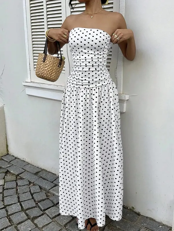 Summer Polka Dot Strapless Sleeveless Long Dress Women 2026 Fashion Off Shoulder Slim Ruffles Dresses Elegant — image 12