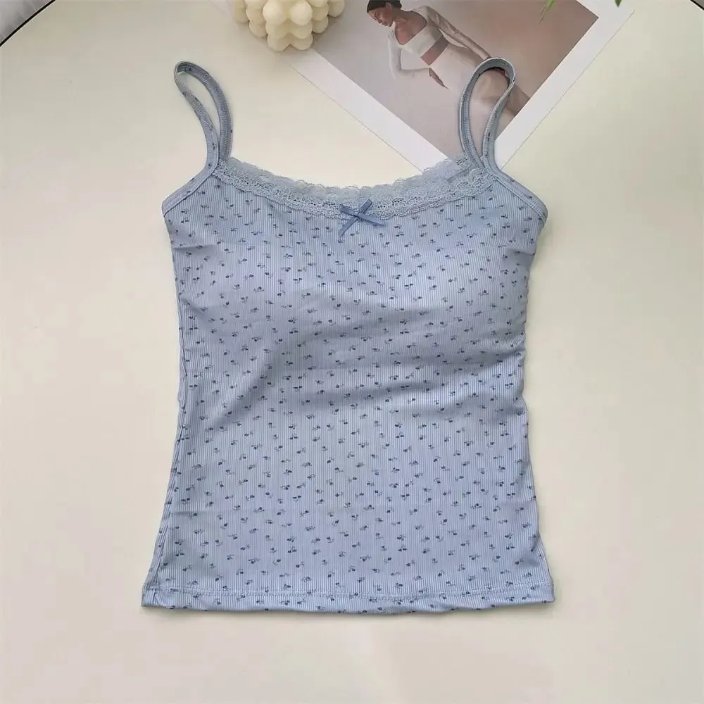 Sweet Floral Tops Lace Flower Print Camis Slim Y2K Short Tank Tops Elegant Camisole Sexy Vest Spring — image 10