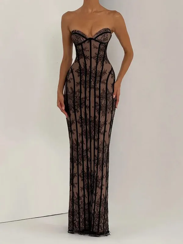 Chic Gauze Fishbone Strapless Dress Women Backless Off-shoulder Waist Cinching Slim Maxi Vestidos 2026 Lady Evening Party Gowns