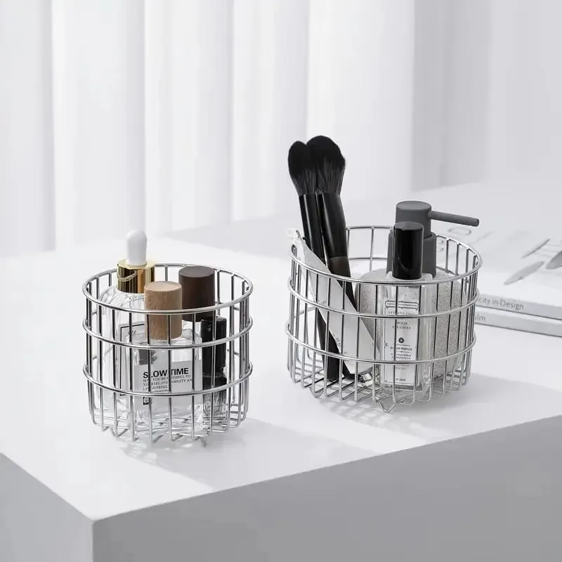Stainless Steel Round Makeup Brushes Storage Basket Cosmetic Tools Organizer Multifunctional Perfume Lipstick Makeup Tool Holder — image 1