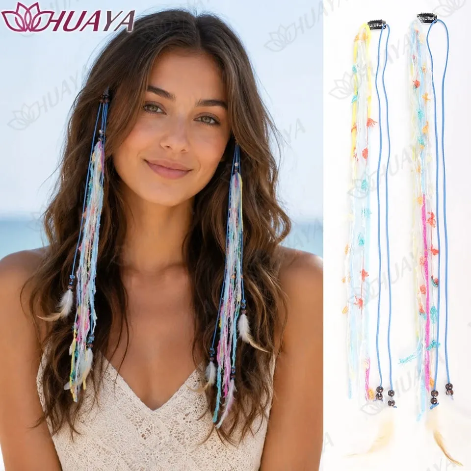 Boho Clip In Synthetic Fiber Hair Extensions Feather Beads Yarn Braids Hair Accessories Festival Hair Pieces for Women — image 9
