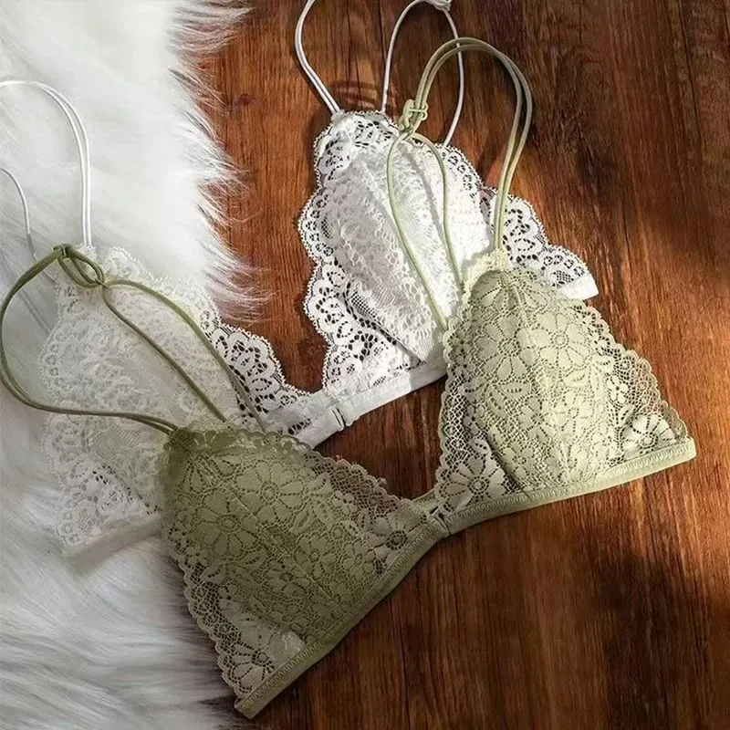 Bra Segitiga Tipis Berenda Seksi Gaya Perancis dengan Kancing Depan Pakaian Dalam Lingerie Nirkabel Cincin Tanpa Baja Wanita Bra Punggung Cantik