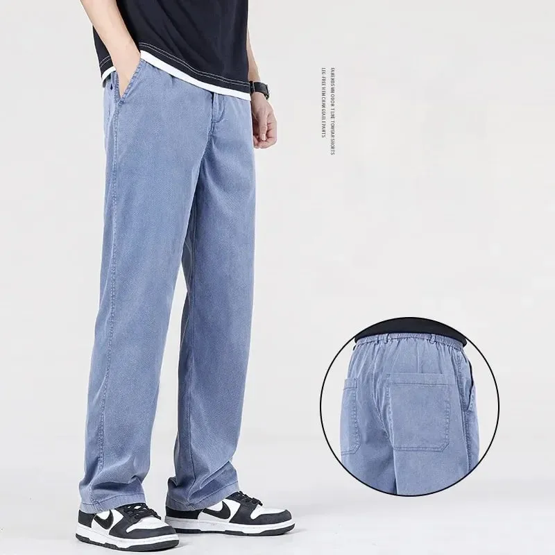 Summer New Baggy Jeans Men's Classic Thin Lyocell Fabric High Quality Straight Casual Pants Soft Denim Trousers Coffee Blue Gray — image 3