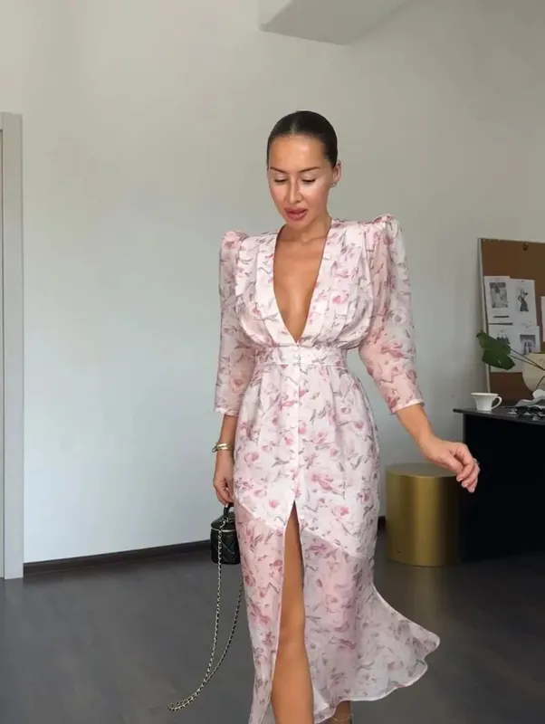 Fashion Sexy Organza Floral Printed Maxi Dress V-neck Puff Sleeve 2026 New Summer Romantic Women Party Gown Elegant Lady Vestido — image 9