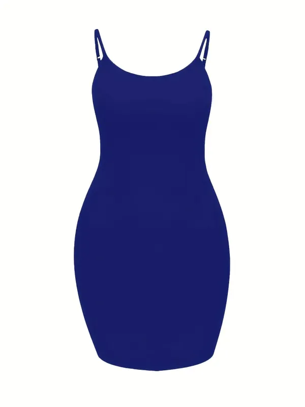 Plus Size Royal Blue Adjustable Spaghetti Strap Bodycon Mini Cami Dress — image 7
