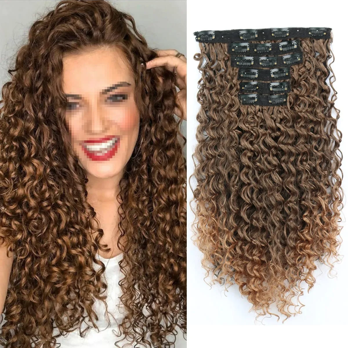 Synthetic 16 Clip In Hair Extensions Kinky Curly Fluffy Black Blonde Full Head Fake Pieces Hair Extensions For Black Women — image 2