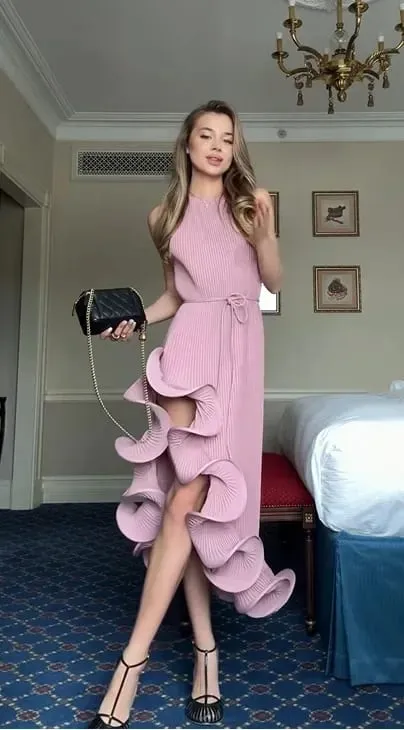 Women Romantic Yellow Halter Maxi Dress Ribbed Knit Ruffled High-slit Slim-fit Vestido 2026 Lady New Spring Trendy Fashion Robes — image 8