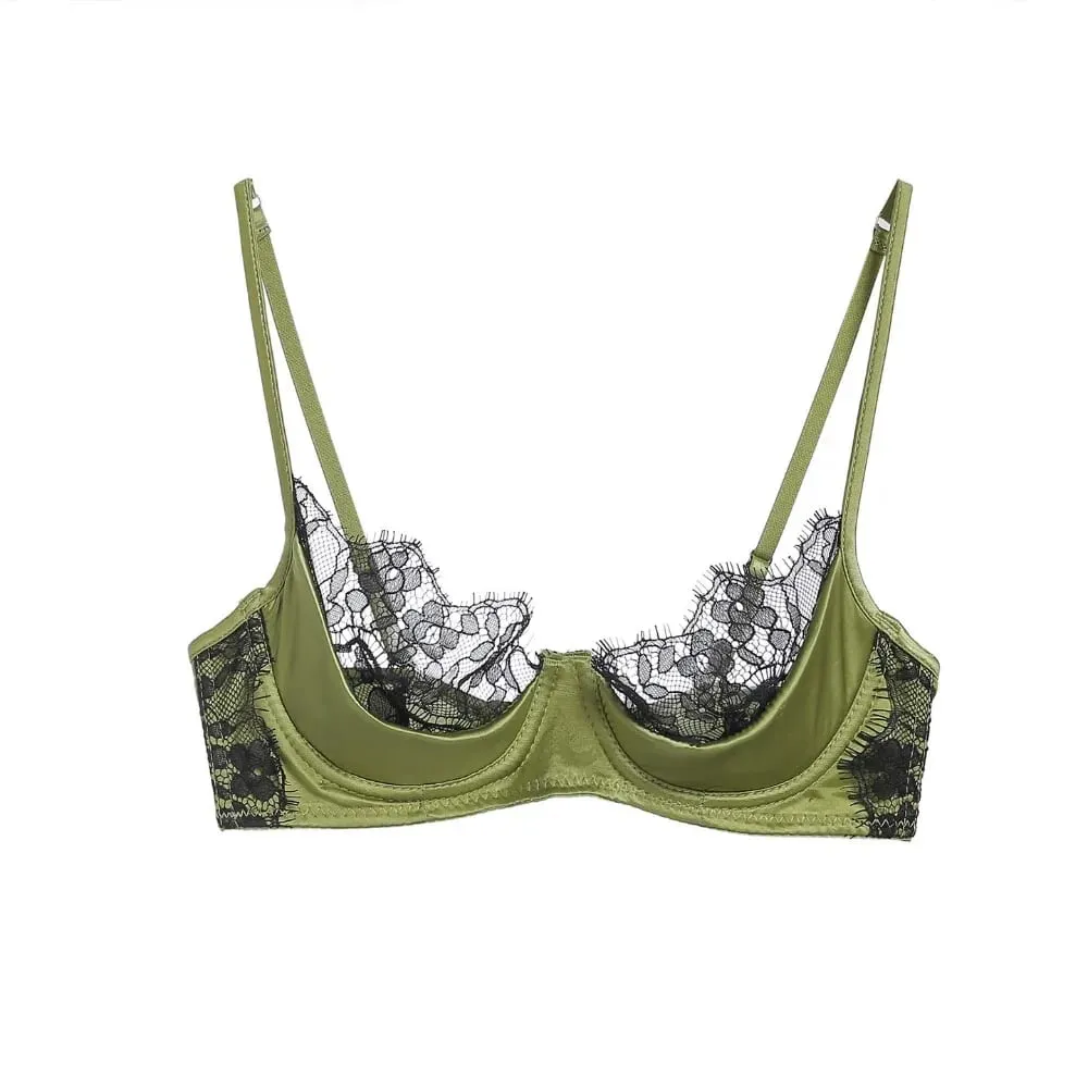 Half Cup Lingerie Set Women Green French Lace Ultra Thin Sheer Soft Comfortable Underwire Bra Small Bust 32‑38AB Set — image 4