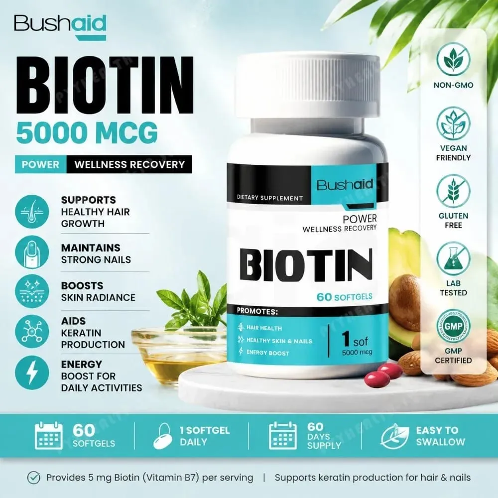 Bushaid Biotin 5000mcg Softgels Hair Skin Nails Vitamin B7 Keratin Support Energy Non-GMO Gluten Free 60 Softgels 60 Day — image 1