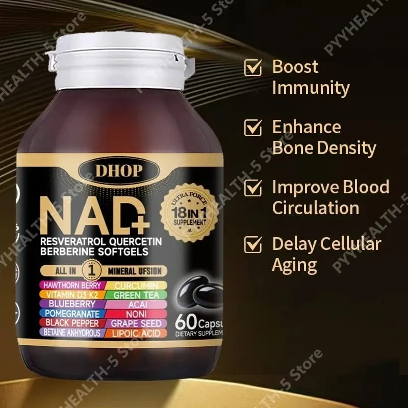 NAD+ Softgels with Resveratrol Quercetin Berberine Softgels 18-in-1 Supplement for Overall Health Support 60 Capsules