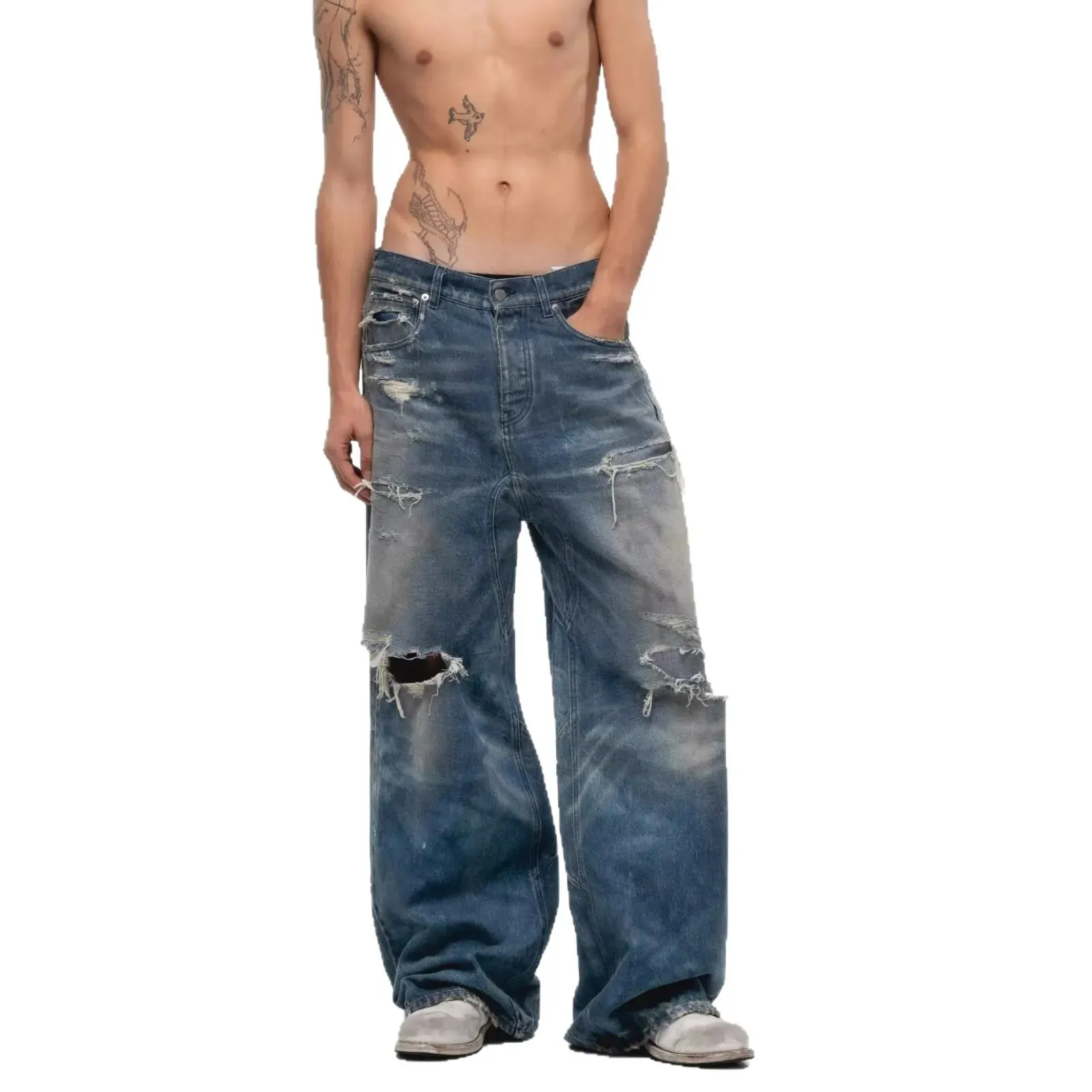 Unisex Jeans 2026 Spring Autumn Men's American Hollow Out Washed Retro Jeans Loose Wide Leg Straight Pants Hole Ripped Trousers — image 6