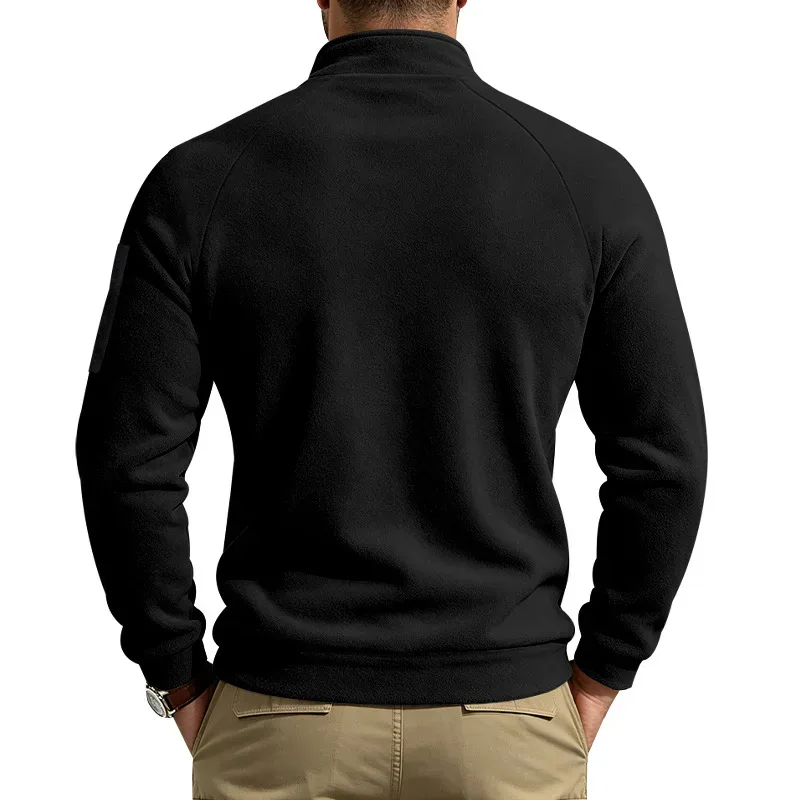 Men Fleece Stand Collar Sweatshirt Diagonal Zipper Arm Pocket Long Sleeve Loose Casual Pullover Autumn Winter Outdoor Tops — image 5