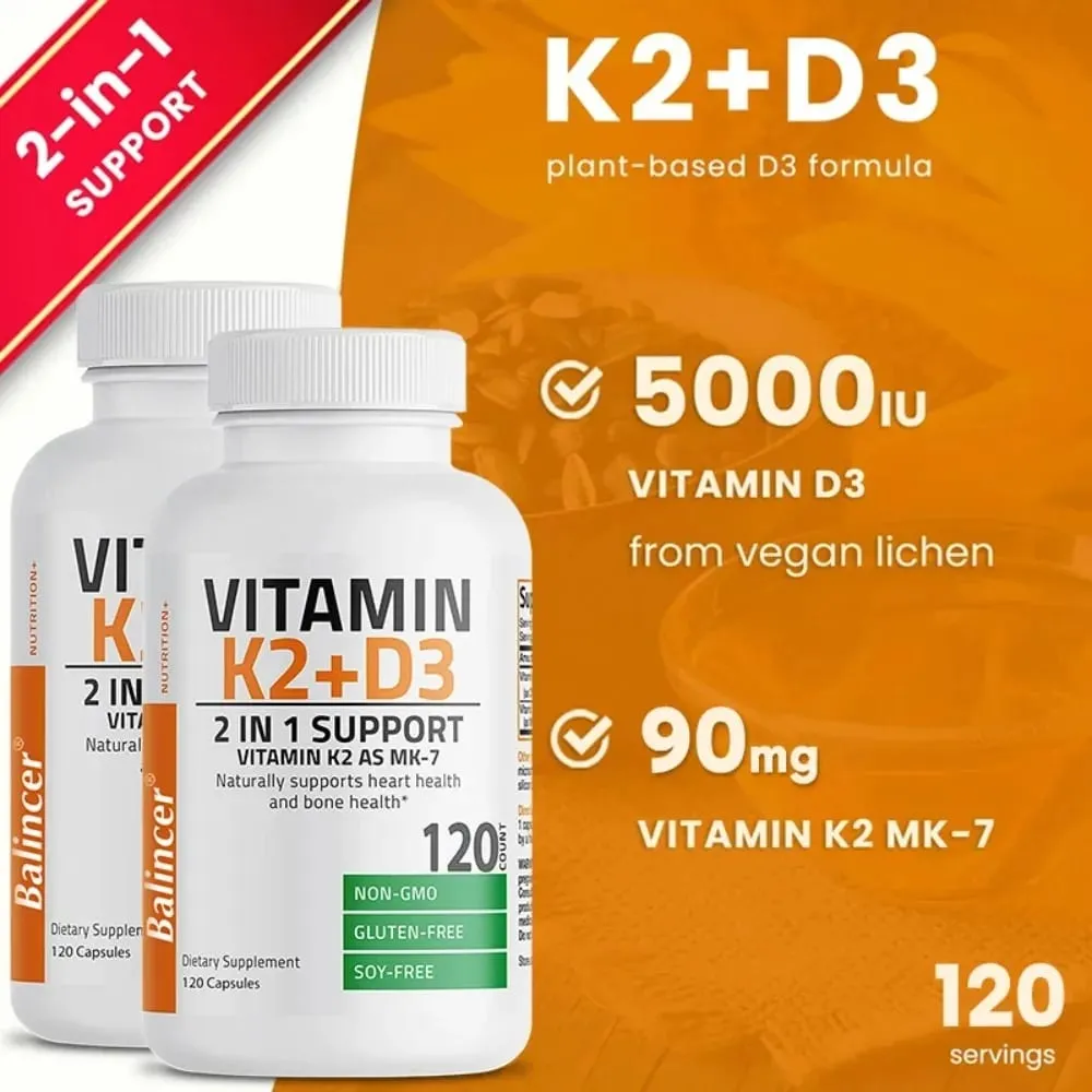 D3+K2 Vitamin D3 5000IU and 90 Mcg Vitamin K2 (MK-7) Vegan Capsules for Bone Density teeth skin heart Health and Immunity