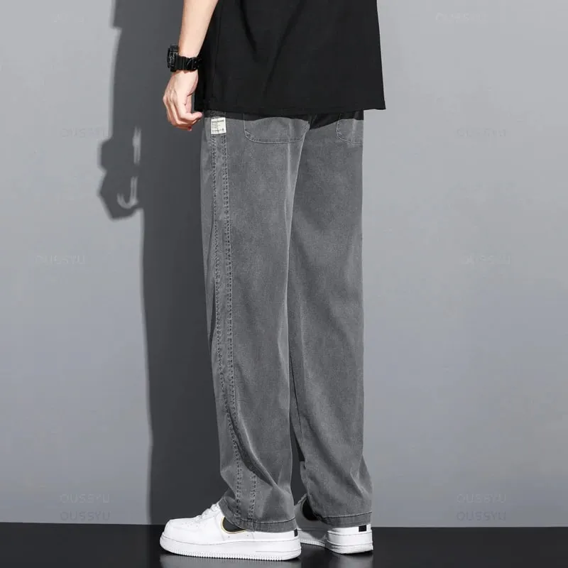 Sommer Blødt Lyocell stof Herre jeans Tynde Løse Lige Bukser Snøre Elastisk talje Korea Casual Bukser Plus Størrelse M-5XL