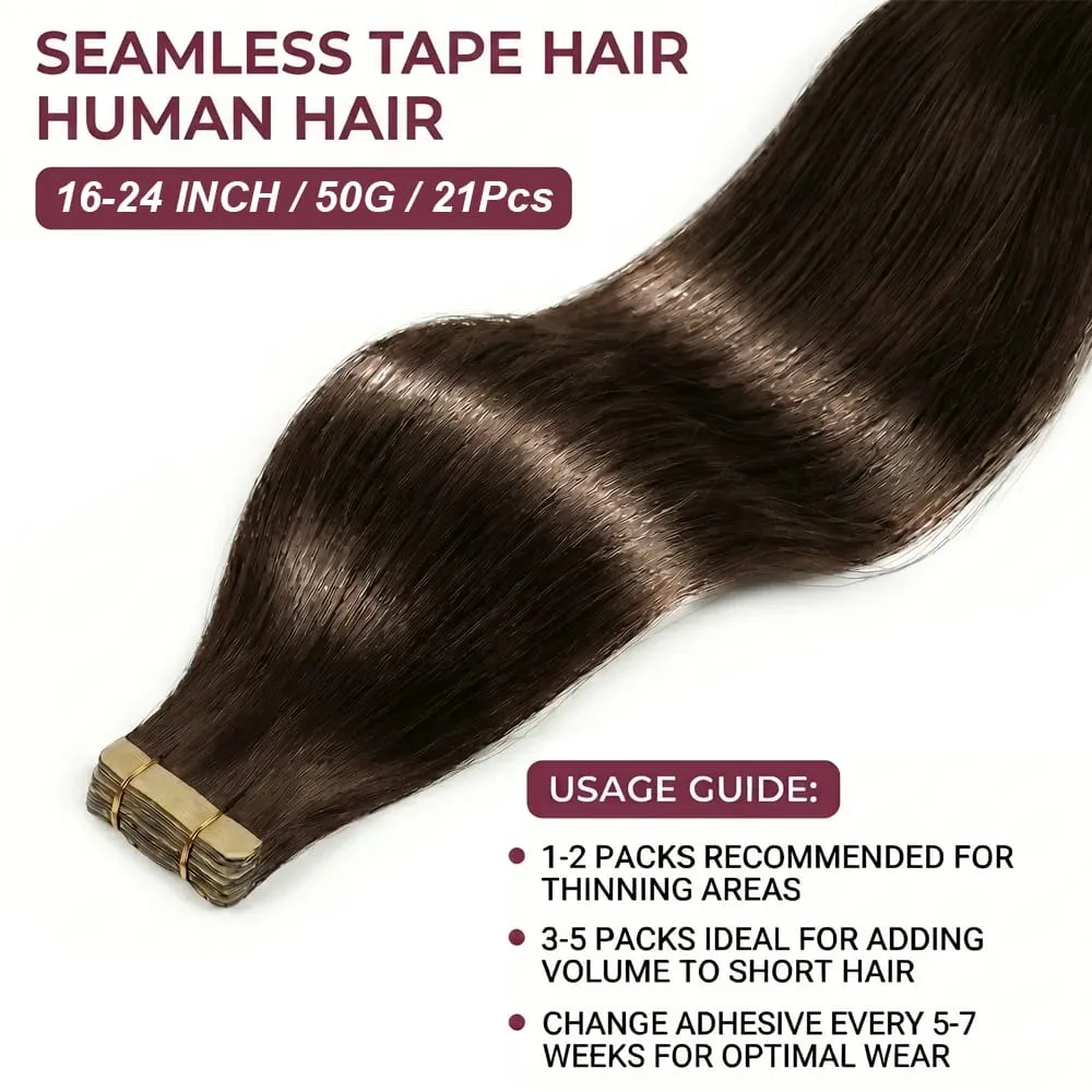100% Human Hair Tape In Hair Extensions Straight 21pcs/pack Color Adhesive Replaceable Seamless Skin Weft brown Tape For Women — image 9