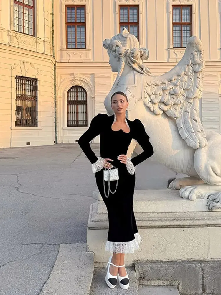 Full Sleeve Lace Patchwork Velvet Maxi Dress Women Elegant Stand Collar Puffed Slim Long Sexy Gowns Lady Evening Dinner Dresses — image 1