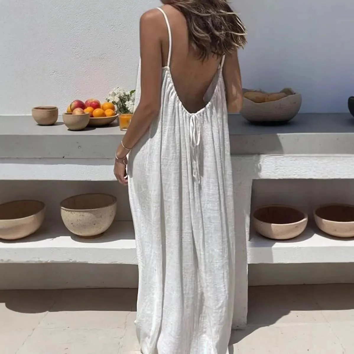 Women's Solid Color Backless Cami Dress Summer Sexy Loose Long Dress Casual Backless Lace-Up Robe Femme Party Dresses Home Wear — image 5