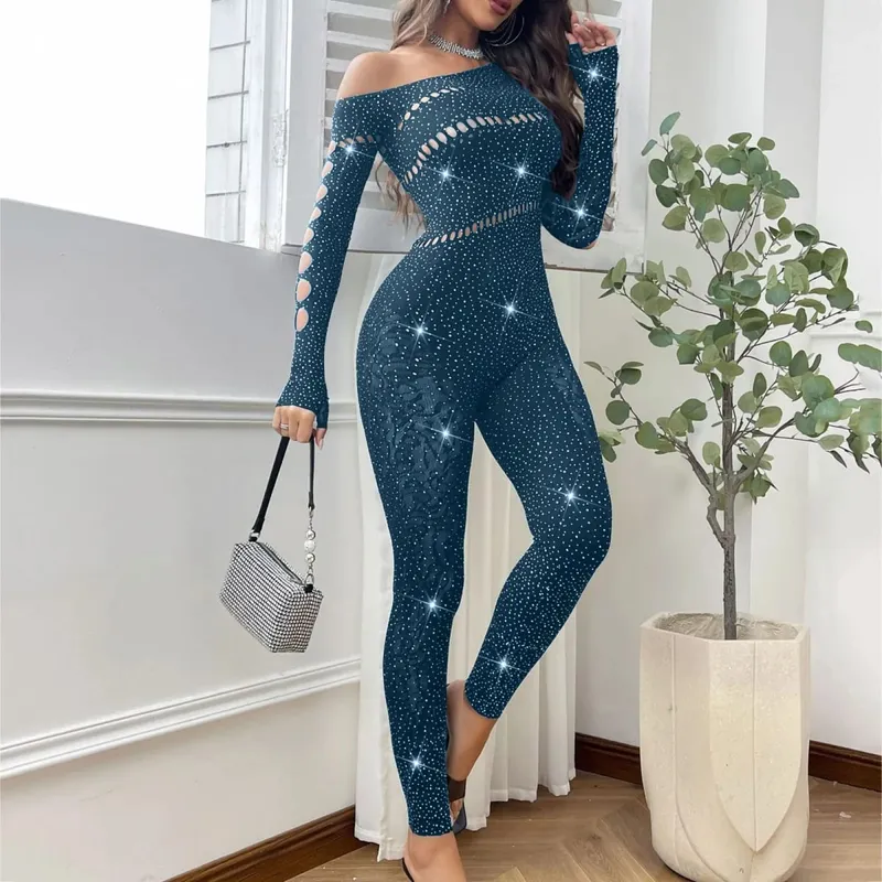 Kvinder Sexet Mesh Rhinestone Jumpsuit Langærmet Se Through High Stretch Body Strømper Jumpsuit Club Plus Size Stock Lingeri
