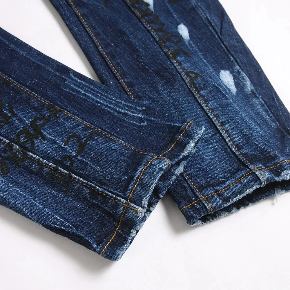 Men Letters Printed Denim Jeans Holes Ripped Patchwork Spliced Pants Button Fly Slim Tapered Stretch Trousers — image 5