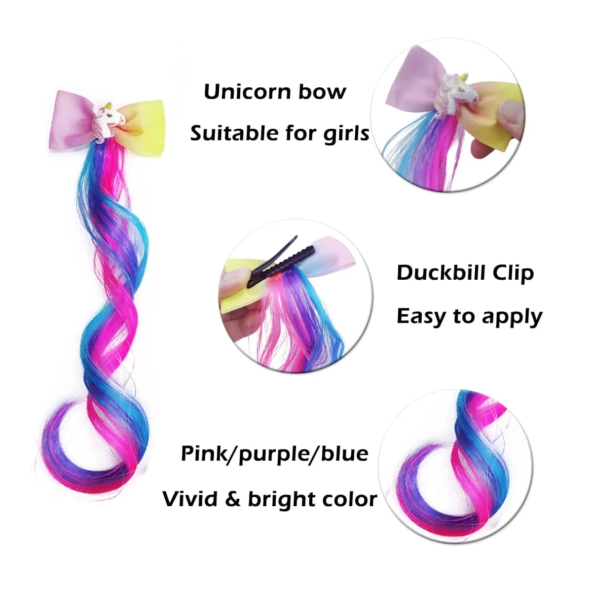 6pcs Clip in Curly Hair Extensions Rainbow Color Hairpieces with Cute Alligator Clip Bows for Girls-Great for Gifts Holidays — image 5