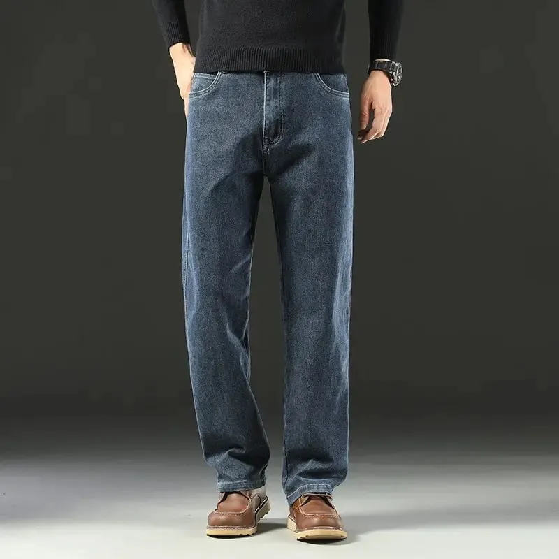 Men's Spring Autumn Soft Baggy Jeans Casual Straight Stretch Wide-Leg Business Denim Pants Versatile Comfortable Loose Trousers