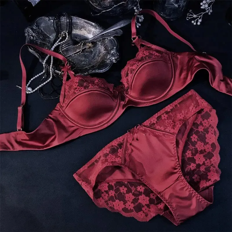 French Premium Satin Half Cup Lace Underwear Women's Thin Sexy Gathering Top Support Glossy Bra Set Big Breasts Small 32-38 Set — image 10