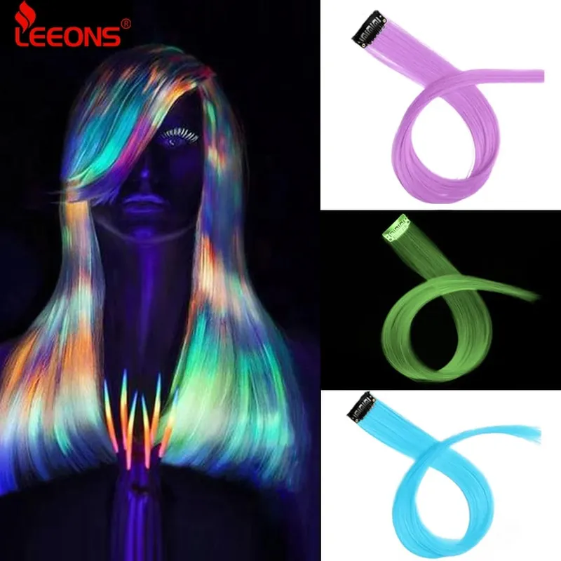 Leeons pince en une pièce Extensions de cheveux droite Ombre violet bleu rose Extension cheveux femmes synthétique faux faux cheveux — image 3