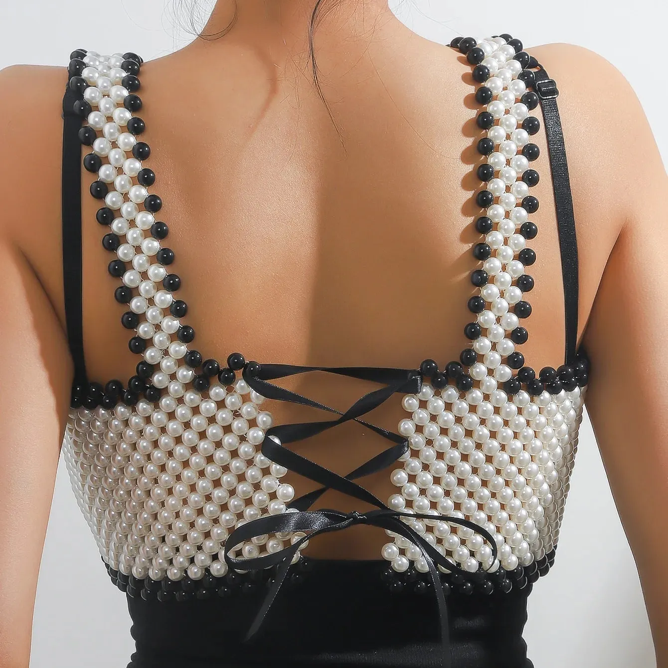 Sexy Women's Pearl Shoulder Bared Mesh Vest with Adjustable Ribbon Fashionable Sleeveless Summer Wear Ladies Pearl Top